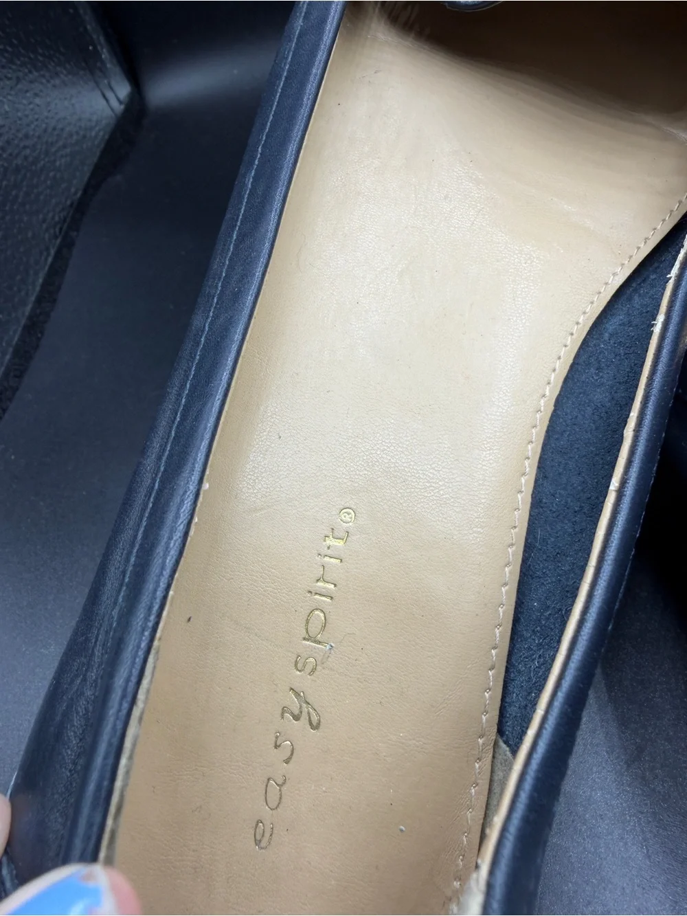 Easy spirit Classic Navy Leather Women’s Loafers with Gold Bit Detail